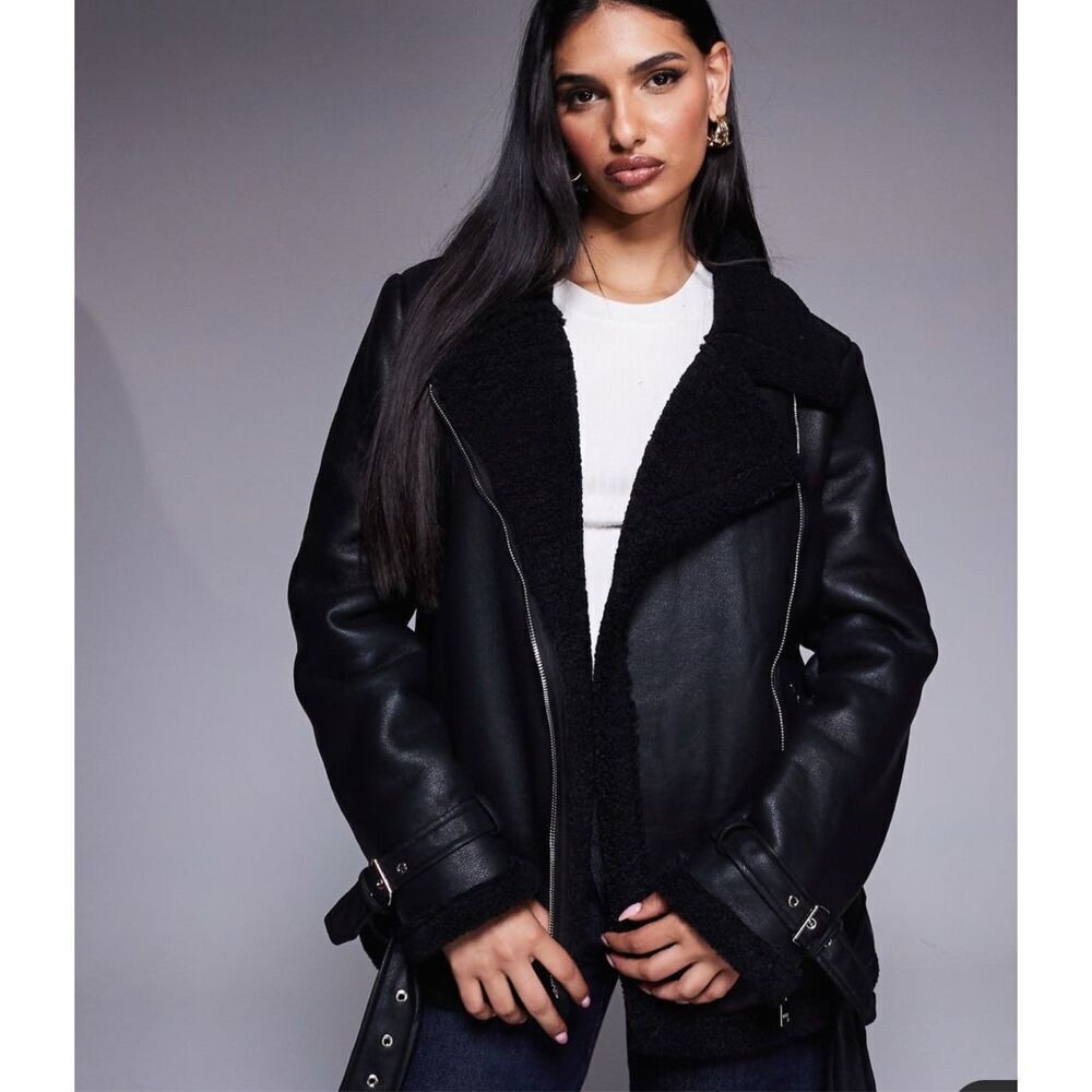 Princess Polly MAUDIE SHEARLING FAUX LEATHER JACKET BLACK NWOT Size M/L
